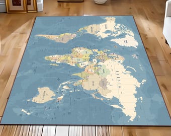 May include: A large rectangular rug featuring a detailed world map in shades of blue, beige, and green. The map displays continents, countries, and oceans. The rug is placed on a wooden floor.