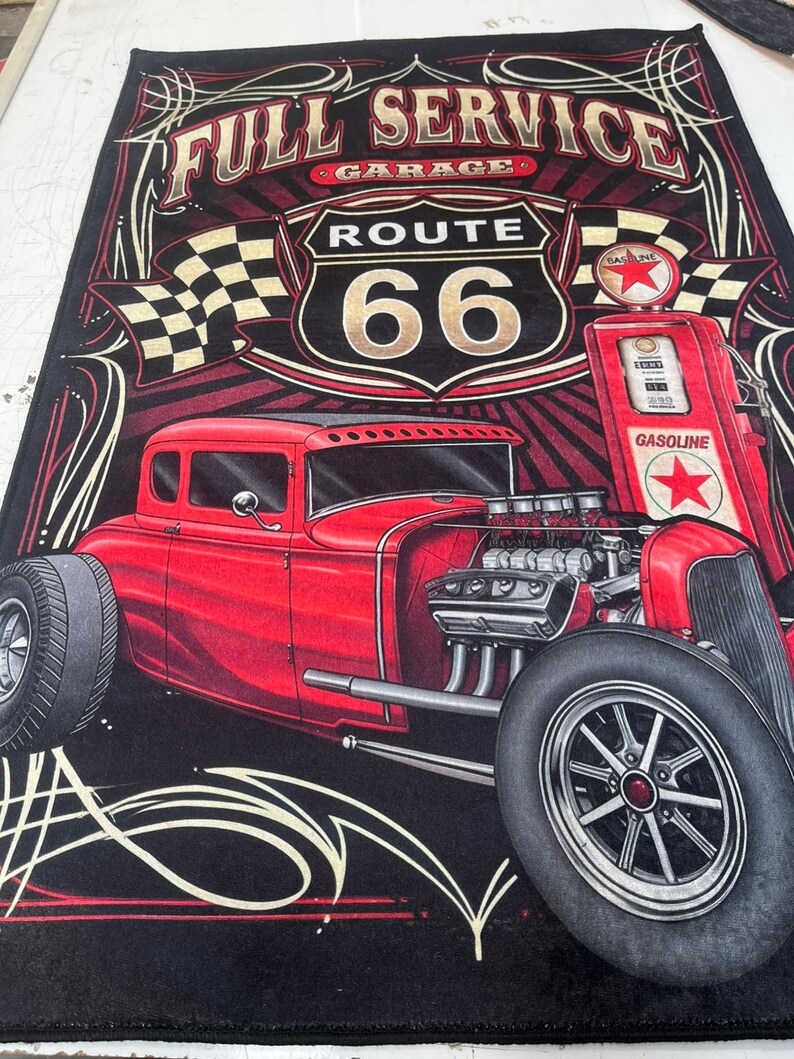 Route 66 Hot Rod Area Rug, Vintage Garage Car Carpet Retro Gas Station ...