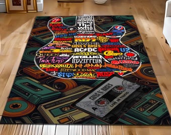 Legends of Rock Music Rug, Electric Guitar Shape and Band Logos Rug, Nostalgic Decor Rug,