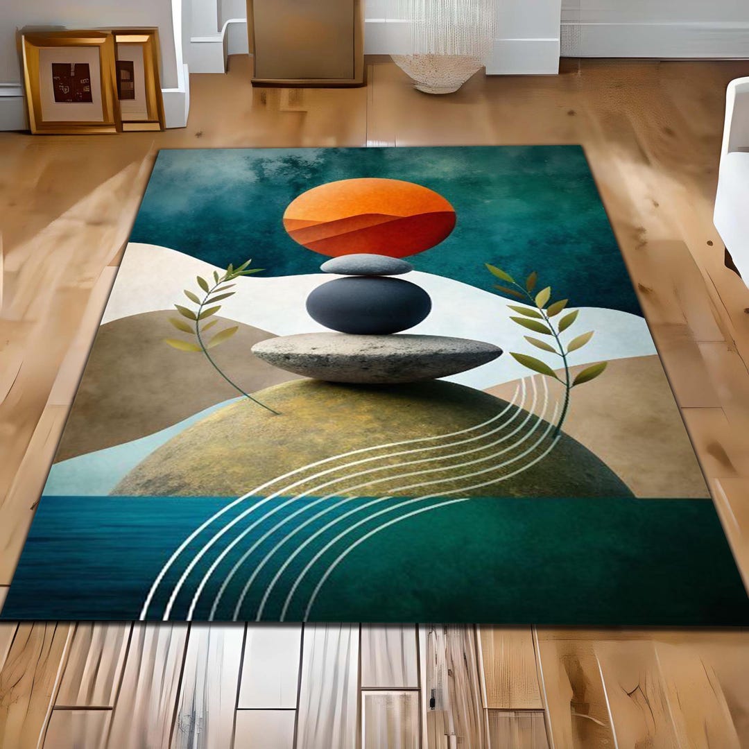 Emerald Abstract Zen Balance Rug: Modern Geometric Nature Rug, Abstract ...