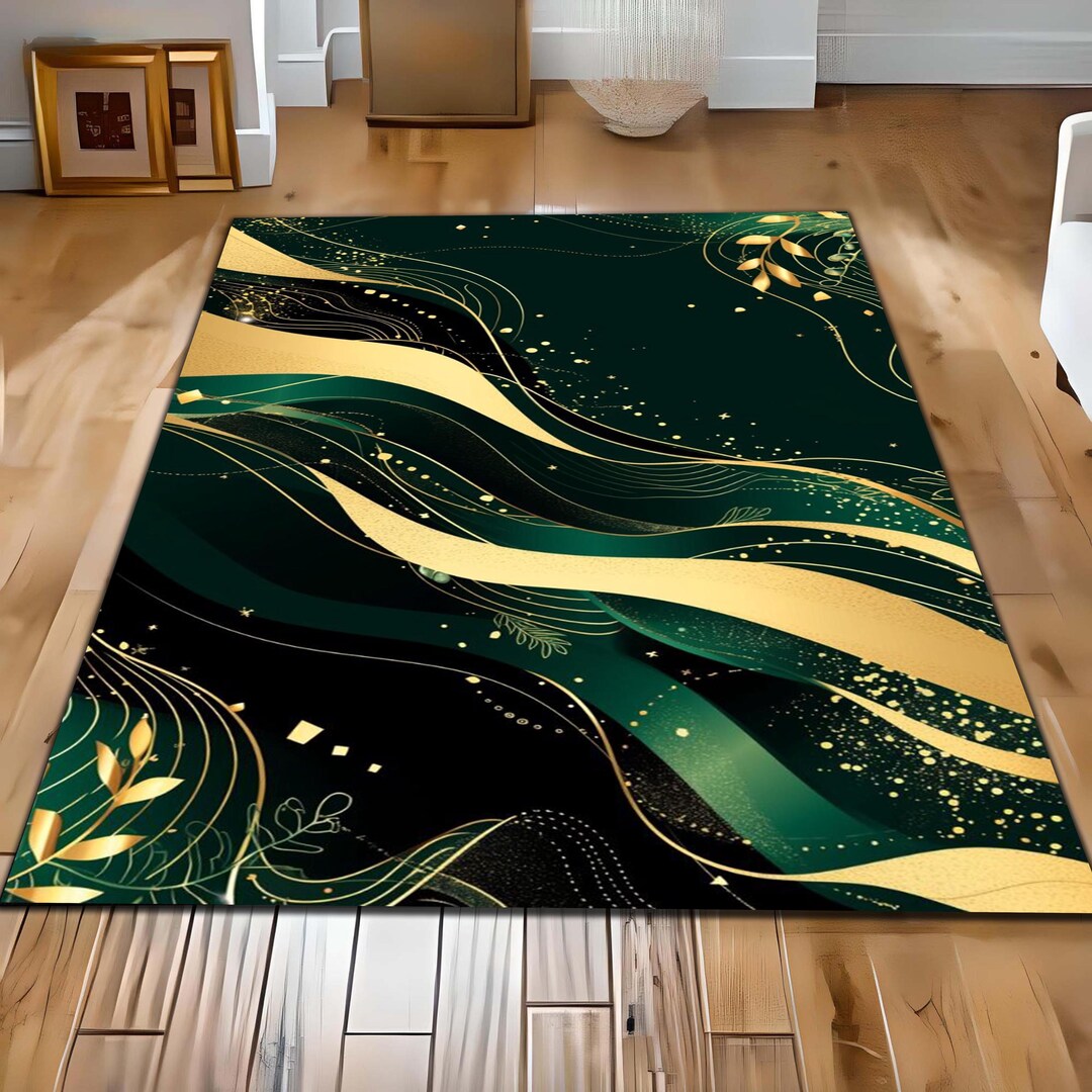 Abstract Green and Gold Area Rug, Marble Rug, Emerald Rug, Modern ...