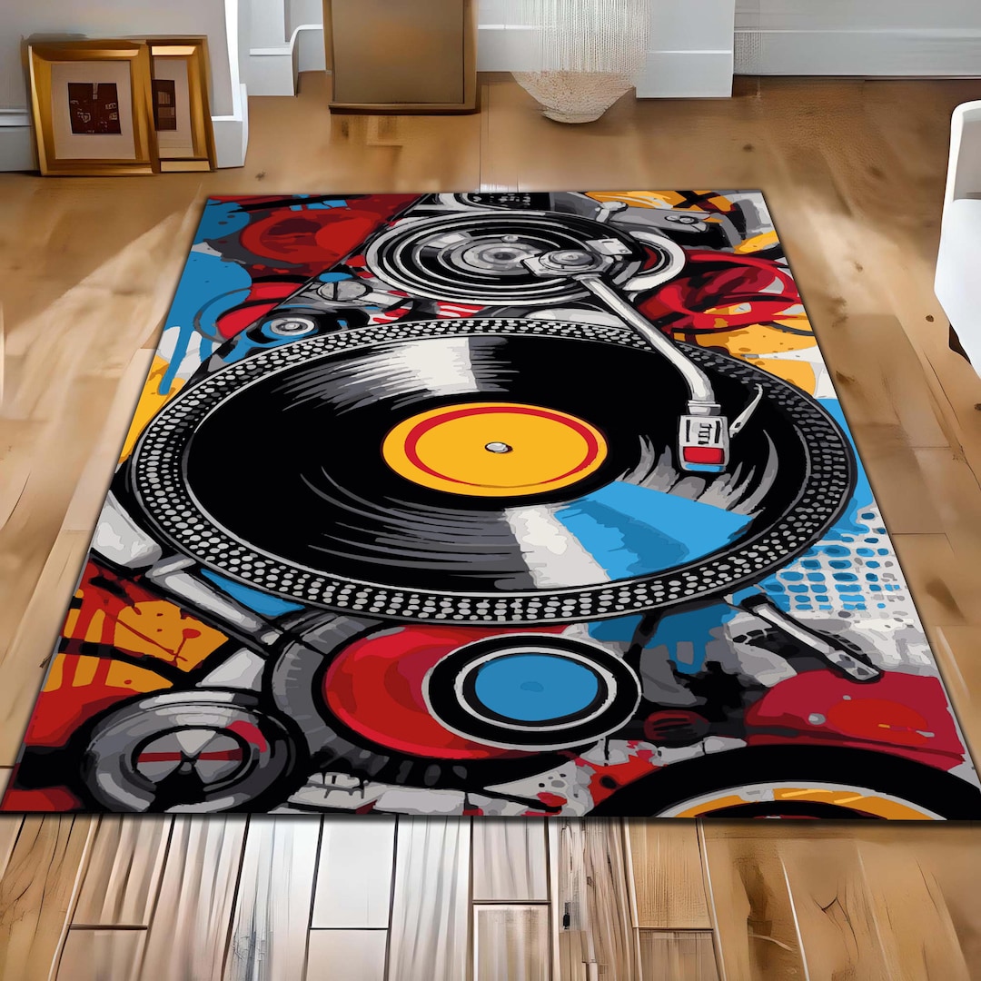 Audio Studio Rugs DJ Turntable Area Rug, Vinyl Record Music Rug, Hip Hop DJ Decor, Retro ...