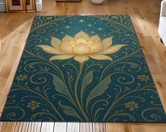 Lotus Flower Area Rug, Mystical Botanical Carpet, Celestial Floral Floor Rug, Meditation Room Decor, Boho Zen Home Accent