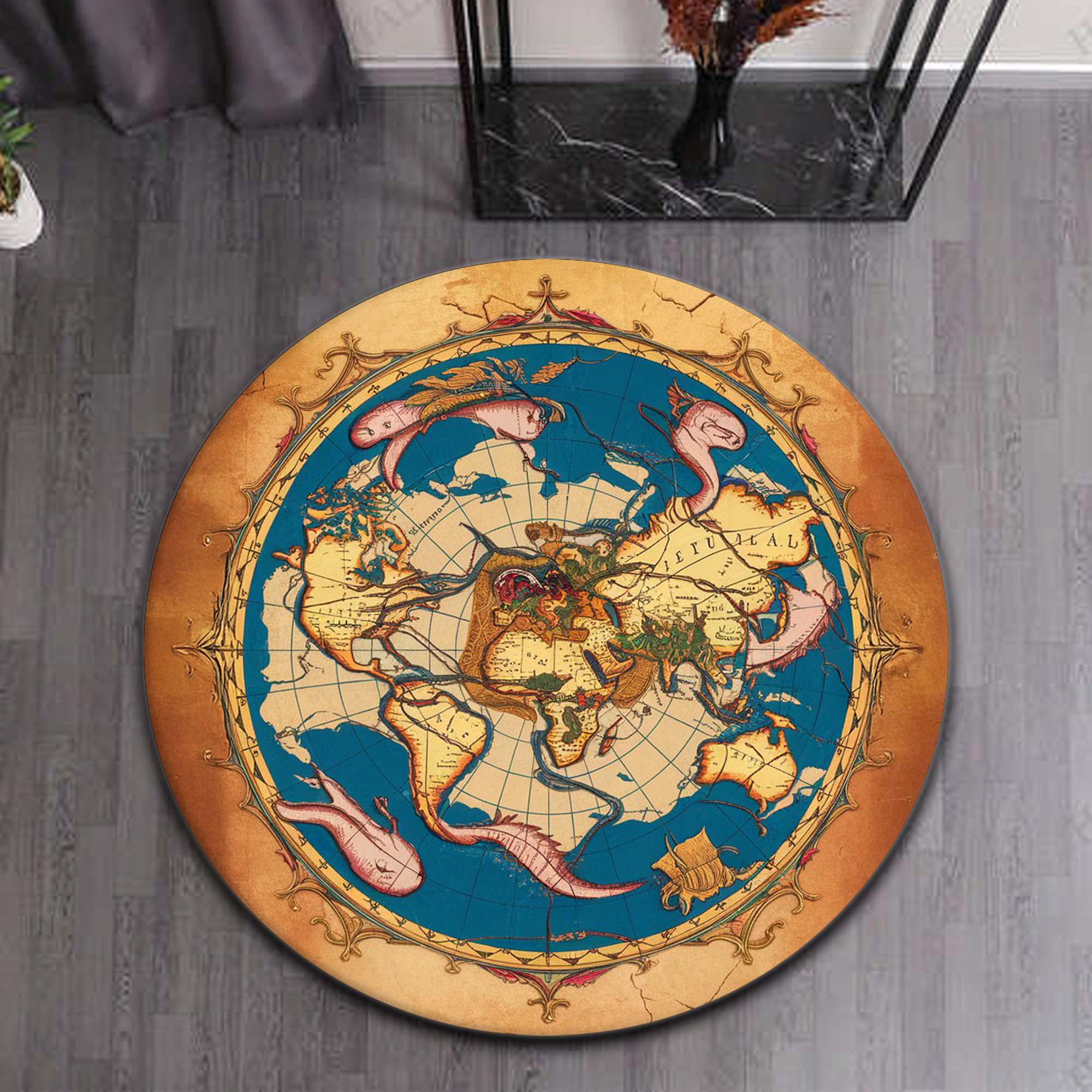 World Explorer Rug Vintage World Map Round Rug, Antique Nautical Rug, Old World Globe ...