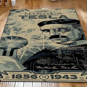 May include: A rug with a portrait of Nikola Tesla, a famous inventor, with a blue and white color scheme. The rug features the text "Nikola Tesla" and "1856 to 1943".