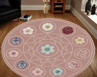Round Boho Floral Area Rug with Mandala Style Geometric Center and Delicate Flower Circle Pattern for Bedroom or Living Room