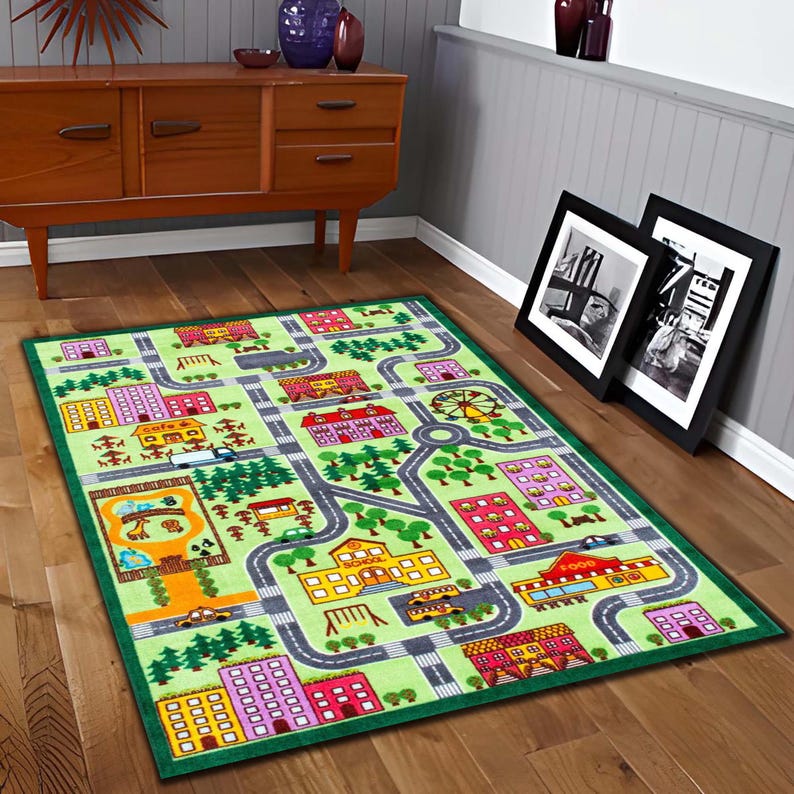 Town Rug Child Kids Room Rug, Colorful City Map Play Rug, Kids With Roads Buildings ...