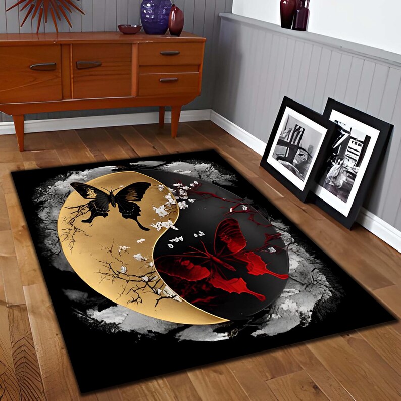 Yin Yang Rug, Butterfly Rug, Spiritual Rug, Modern Area Rug, Gold and Black Rug, Zen Rug, Abstract Pattern Rug, Minimalist Rug, Red and Black Rug, Nature-Inspired Rug.