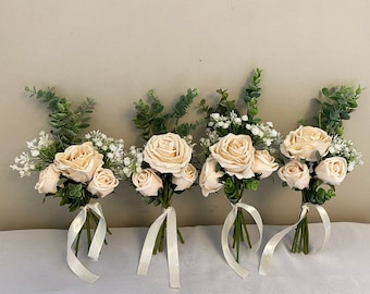 Set of 4 Wedding Chair / Pew End Flower Arrangement Decoration. Other Colour Options Available.  Rose, Gypsophilia & Eucalyptus