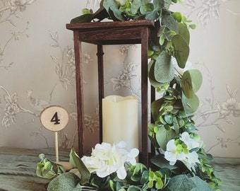 Complete Wedding Centrepiece Package. Rustic Lantern, Chiffon Runner, Table number & Eucalyptus Flower Garland. Sage Rust Pink Lilac Ivory