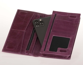 Sagrada Wallet with Phone Compartment Purple, Bifold, Personalized Gift, CowHide, Card Holder, Zippered, Valentine's Day