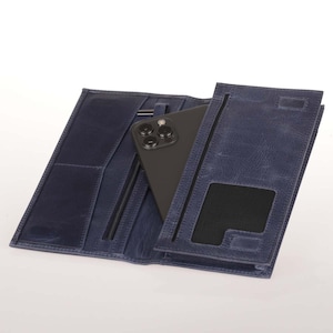 Carteira Sagrada com compartimento para telefone azul, carteira bifold, presente personalizado, couro de vaca, porta-cartões, com zíper, dia dos namorados