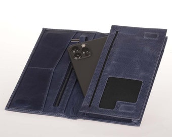 Cartera Sagrada con compartimento para teléfono azul, Cartera plegable, Regalo personalizado, Piel de vaca, Tarjetero, Con cremallera, San Valentín