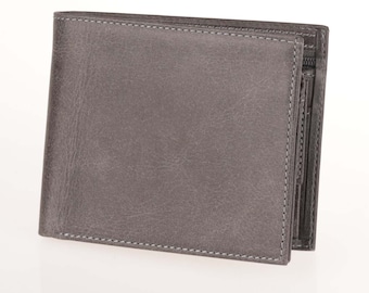 Zipp Genuine Leather Zippered Mens Wallet Gray, Bifold Wallet, Personalized Gift, CowHide, Card Holder, For Him, Coin Purse, Valentines Day