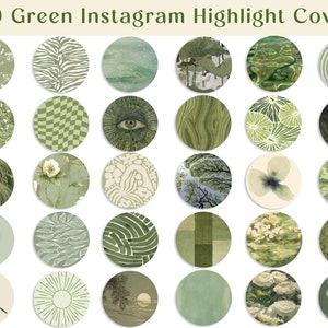 May include: Thirty green Instagram highlight covers with various designs, including floral patterns, abstract shapes, and nature scenes.