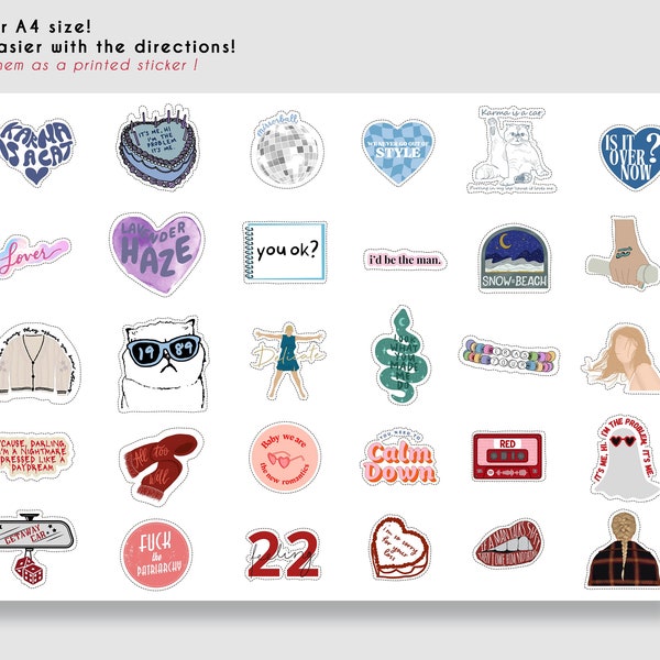 30 TAYLOR SWIFT STICKERS, Taylor Swift Icon Packet, Printable Stickers, Swiftie Sticker Packet, Digital Stickers, Taylor Swift Era Sticker