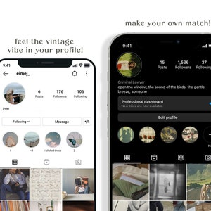 May include: Two Instagram profile pages, one with a vintage aesthetic and the other with a more modern look. The vintage profile has a photo of a woman with a floral headband, a caption that says "open the window, the sound of the birds, the gentle breeze, someone", and a grid of photos with a vintage filter. The modern profile has a photo of a woman with a black and white photo of a woman with a floral headband, a caption that says "Criminal Lawyer", and a grid of photos with a modern filter.
