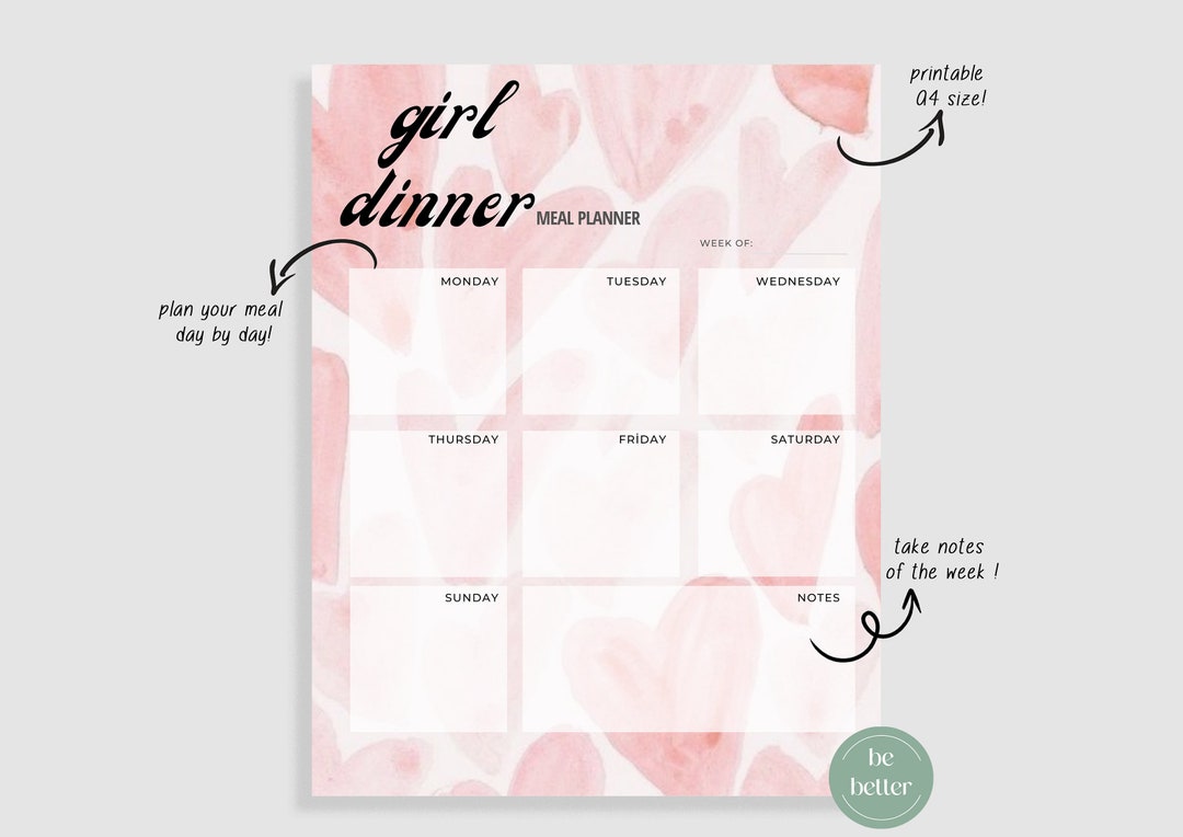 WEEKLY MEAL PLANNER, Printable Planner in Pink Color Tones, Planner for ...