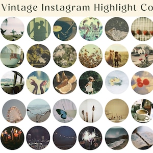 May include: A collection of 40 vintage Instagram highlight covers featuring various images, including a record player, a butterfly, a Ferris wheel, a cityscape, and a book. The images are all in a vintage style with faded colors and a grainy texture.