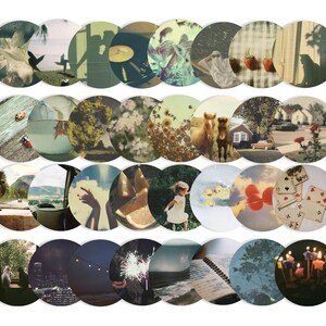 May include: A collage of 36 circular images featuring various scenes, including nature, animals, and everyday objects. The images are arranged in a grid pattern and have a vintage aesthetic.