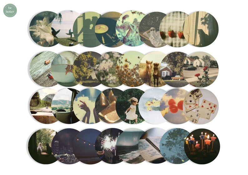May include: A collage of 36 circular images featuring various scenes, including nature, animals, and everyday objects. The images are arranged in a grid pattern and have a vintage aesthetic.