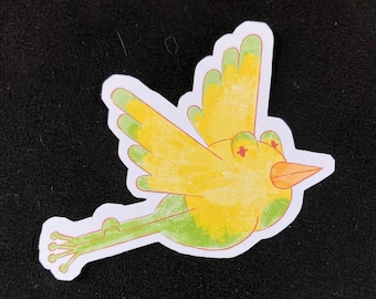 Colorful die cut sticker of our mascot, Frogbird!