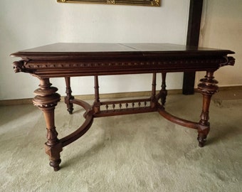 Wilhelminian style dining table made of oak, handmade to match our chairs, extendable, decorated with great ornaments 1890-1910