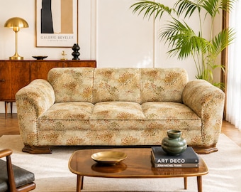 German Art Deco Sofa 1930s Vintage Three Seat Couch with Unique 1970s Floral Upholstery