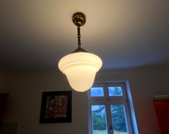Original Art Nouveau/Art Deco ceiling pendant light with brass sockets and opal glass shade, circa 1920, French hallway light