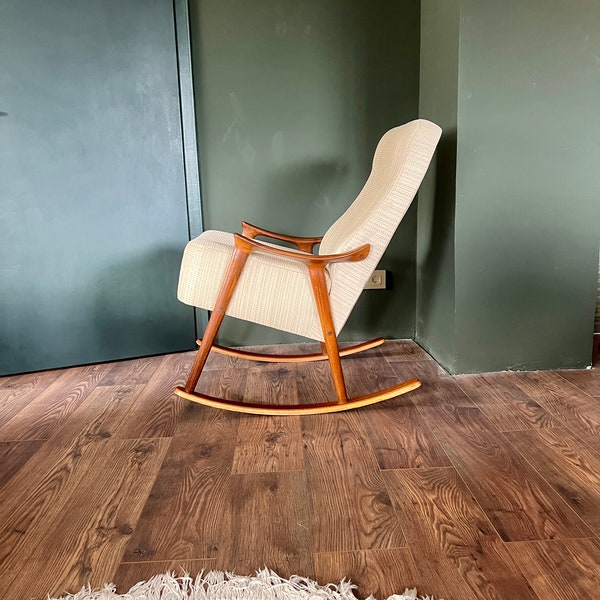 Original Mid Century Modern sculptural rocking chair by Ingmar Relling. Scandinavian Modern teak wood classic rocking chair.