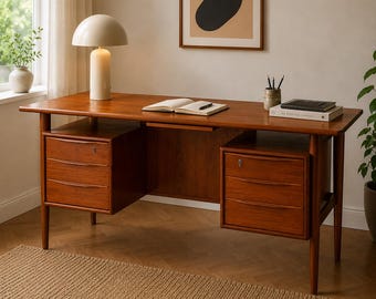 Biurko Petera Løviga Nielsena z drewna tekowego, Dania, lata 60. XX w., wolnostojące, biurko dyrektorskie w stylu Mid Century Modern, sygnowane