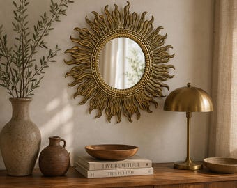Rare Vintage Sunburst Mirror 1970s | Massive Cast Metal Hollywood Regency Wall Mirror | Gold Leaf Finish 50 cm