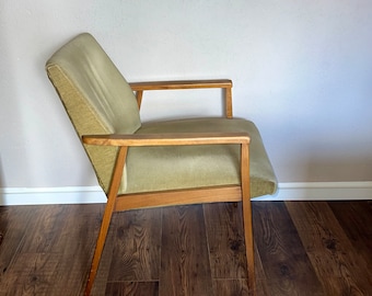 Mid Century Danish modern design teak chair/teak armchair with lime green upholstery 1960s in the style of Ole Wanscher