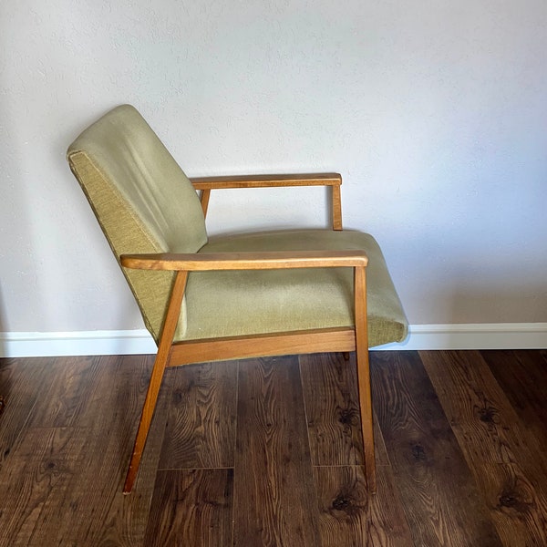 Mid Century Danish modern design teak chair/teak armchair with lime green upholstery 1960s in the style of Ole Wanscher