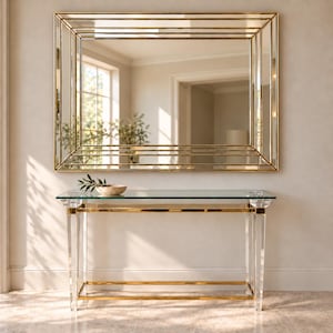 Vintage Lucite Brass Glass Console Table 1970s | Hollywood Regency | Attributed to Belgo Chrom