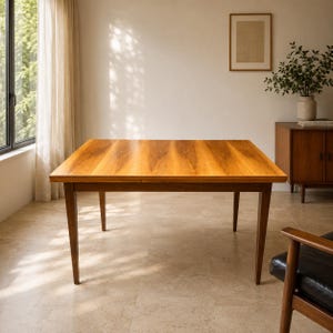 Puede incluir: Una mesa de comedor rectangular de madera con un acabado cálido en color marrón claro y vetas de madera visibles. La mesa cuenta con cuatro patas rectas y cónicas, además de una superficie lisa y plana, ofreciendo un mueble estable.