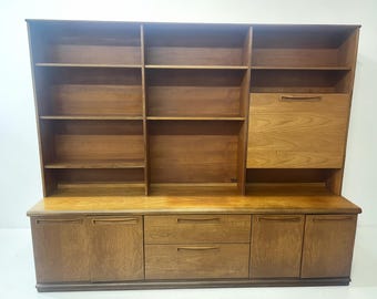 Mid Century Teak Wall Unit, 1960s Danish Style Cabinet, Vintage Sideboard with Shelves & Bar Compartment, Modular Storage