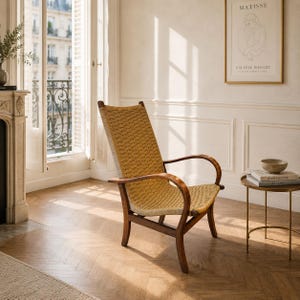 May include: A high-back armchair featuring a dark brown wooden frame and a woven tan seat and backrest. The chair has curved armrests and angled legs, positioned in a room with light-coloured walls and a herringbone patterned wooden floor.