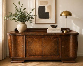 Art Deco walnut sideboard, 1930s, with marble serving tray – Vintage bar cabinet, burl walnut credenza, luxury statement piece