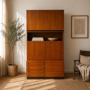 Puede incluir: Un mueble alto de madera de estilo moderno de mediados de siglo con un c&aacute;lido acabado marr&oacute;n rojizo. El mueble cuenta con m&uacute;ltiples cajones, puertas y estanter&iacute;as abiertas. Tambi&eacute;n se ven una obra de arte enmarcada y una silla de mimbre con una almohada y una manta.