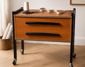 Vintage Mid Century Sewing Box on Wheels | Teak Sewing Cabinet with 2 Drawers | 1960s Rolling Craft Storage
