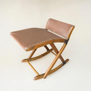Vintage Folding Stool with Leather Seat and Rocking Frame | Wood & Faux Leather | Mid-Century Design | Foldable and Decorative
