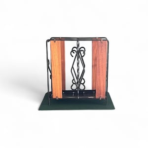 Vintage mid-century umbrella stand. Made of solid wrought iron and teak. Rustic 1960s umbrella stand.