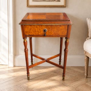 Antique French Sewing Table | Napoleon III Burl Wood Work Table with Marquetry, Drawer and Brass Accents, circa 1880