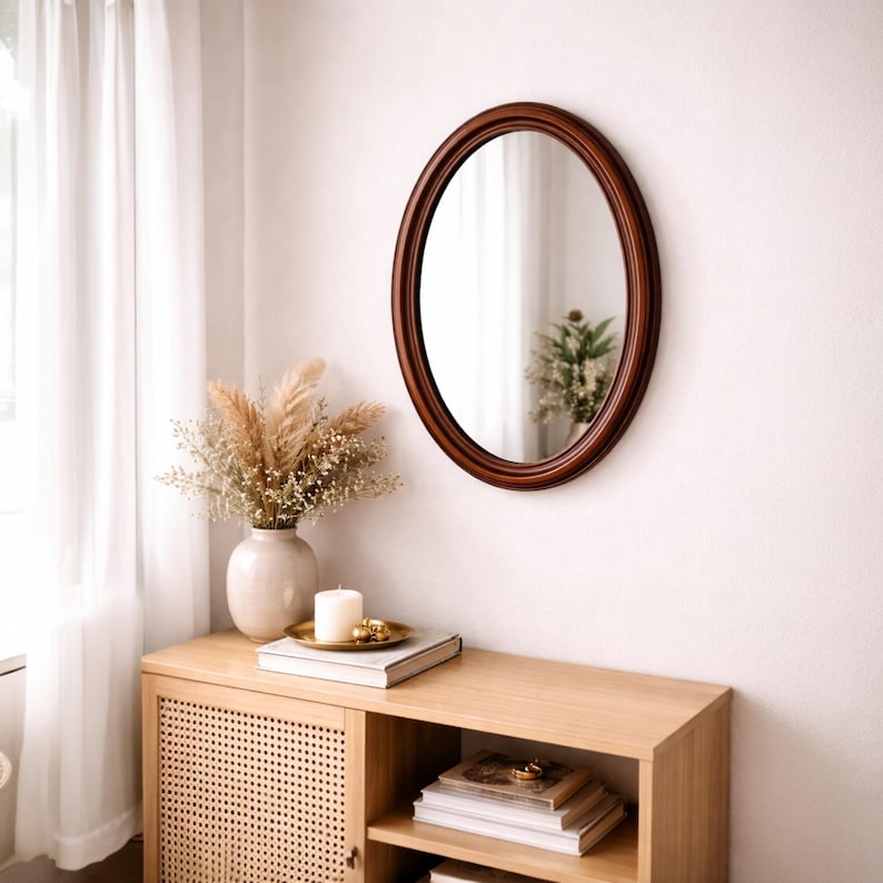 Antique Oval Wooden Mirror, Biedermeier Style Wall Mirror, 19th Century Look Vintage Mirror, Rustic Farmhouse Decor image 1