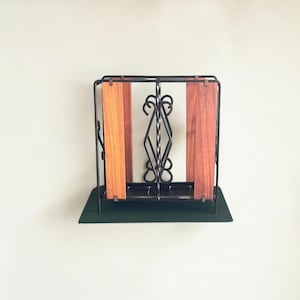 Vintage mid-century umbrella stand. Made of solid wrought iron and teak. Rustic 1960s umbrella stand.