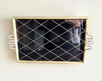 Mid-Century Rectangular Tray Made of Black Glass with a Golden Diamond Pattern, c. 1950