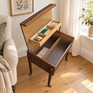 Op de afbeelding: Een naaidoos van donker hout met een scharnierend deksel en vier poten op wieltjes. Het interieur bevat een uitneembaar houten dienblad met meerdere vakken voor garenklosjes, scharen en naalden, en een ruim opbergvak voor stoffen.