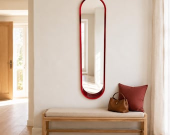 Specchio da parete Mid-Century Modern in ROSSO | Raro specchio ovale grande anni '60 con cornice in legno massello laccato rosso