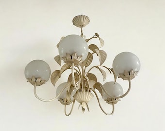 Rarity! Original Art Nouveau light, lamp, pendant light, ceiling light, hanging light, opal glass with leaf motif, 1920